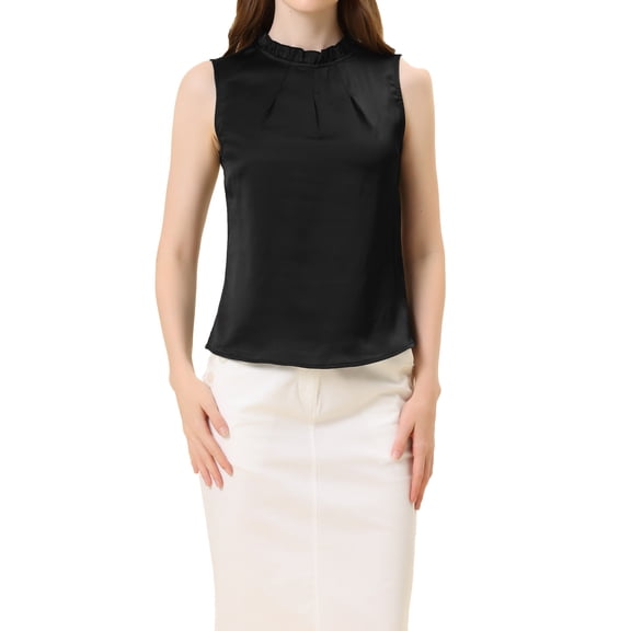 INSPIRE CHIC Women's Ruffle Neck Pleated Front Summer Sleeveless Satin Blouse S Black