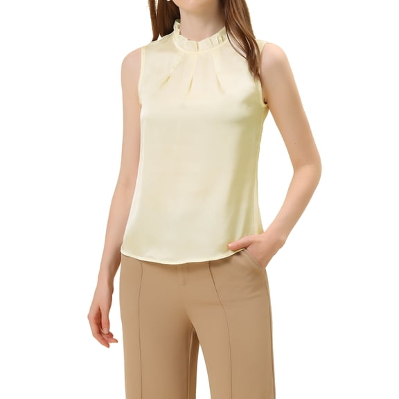 INSPIRE CHIC Women's Ruffle Neck Pleated Front Summer Sleeveless Satin Blouse XL White