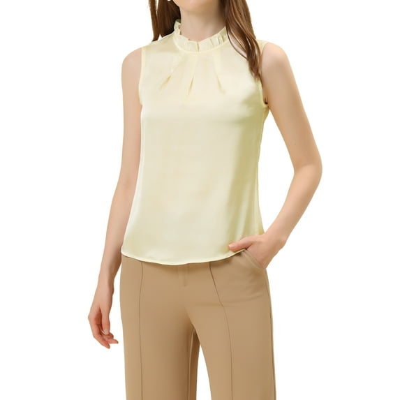 INSPIRE CHIC Women's Ruffle Neck Pleated Front Summer Sleeveless Satin Blouse XL White