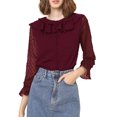 thumbnail image 1 of INSPIRE CHIC Women's Ruffle Neck Polka Dots Sheer Chiffon Blouse M Burgundy, 1 of 8