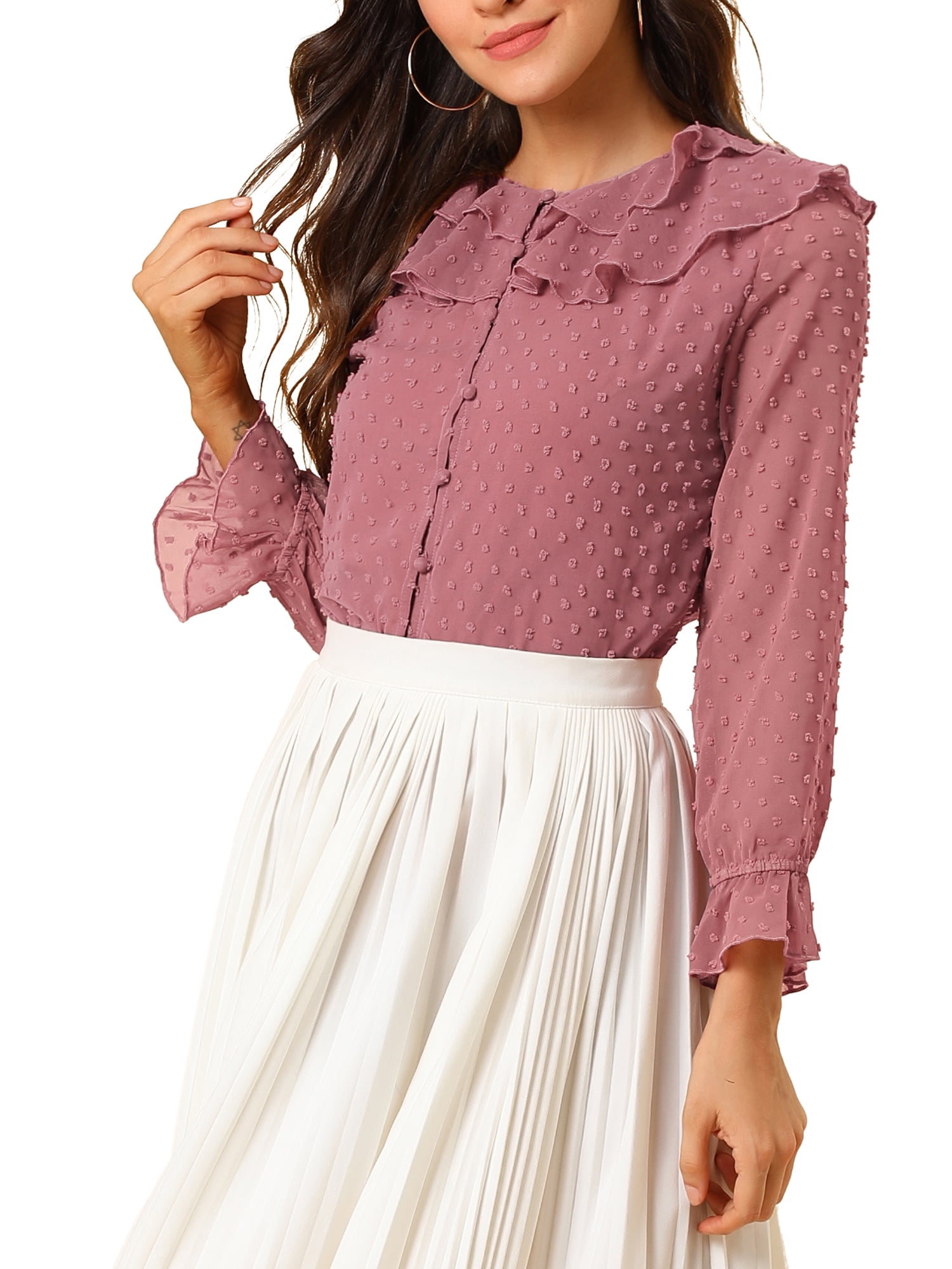 Allegra K Women's Ruffle Neck Polka Dots Sheer Chiffon Blouse