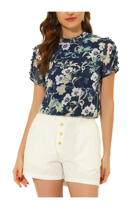 Women's Ruffle Neck Short Sleeve Keyhole Back Chiffon Floral Blouses S Dark Blue
