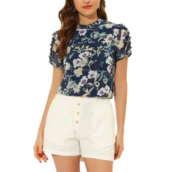 INSPIRE CHIC Women's Ruffle Neck Short Sleeve Keyhole Back Chiffon Floral Blouses XS Dark Blue