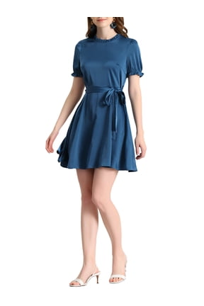 Women's Ruffle Neck Stand Collar Tie Waist Satin Puff Short Sleeve Dresses