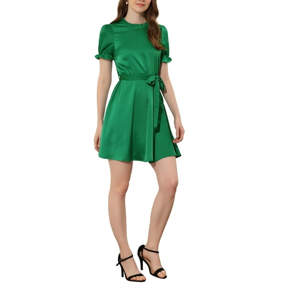 INSPIRE CHIC Women's Ruffle Neck Stand Collar Tie Waist Satin Puff Short Sleeve Dresses
