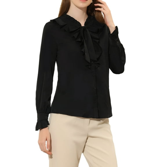 INSPIRE CHIC Women's Ruffle Neck Tie Neck Ruffle Cuff Button Front Solid Work Shirt M Black