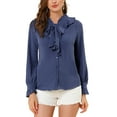thumbnail image 1 of Allegra K Women's Ruffle Neck Tie Neck Ruffle Cuff Button Front Solid Work Shirt, 1 of 6