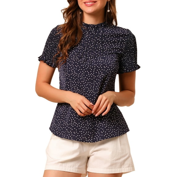 INSPIRE CHIC Women's Ruffle Neck Top Polka Dots Smocked Short Sleeves Blouse XL Navy Blue