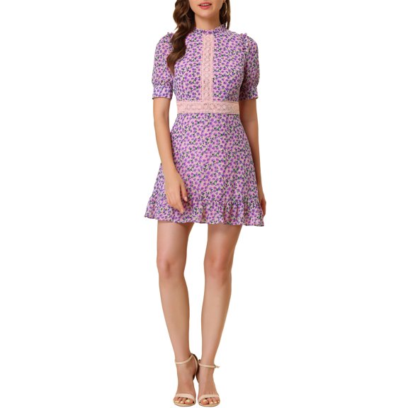 INSPIRE CHIC Women's Ruffle Neckline Printed Fit and Flare Ruffle Hem Lace-Inset Mini Dress S Pink Purple