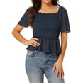 thumbnail image 1 of INSPIRE CHIC Women's Ruffle Peplum Square Neck Flare Short Sleeve Crop Smocked Blouse M Dark Blue, 1 of 7