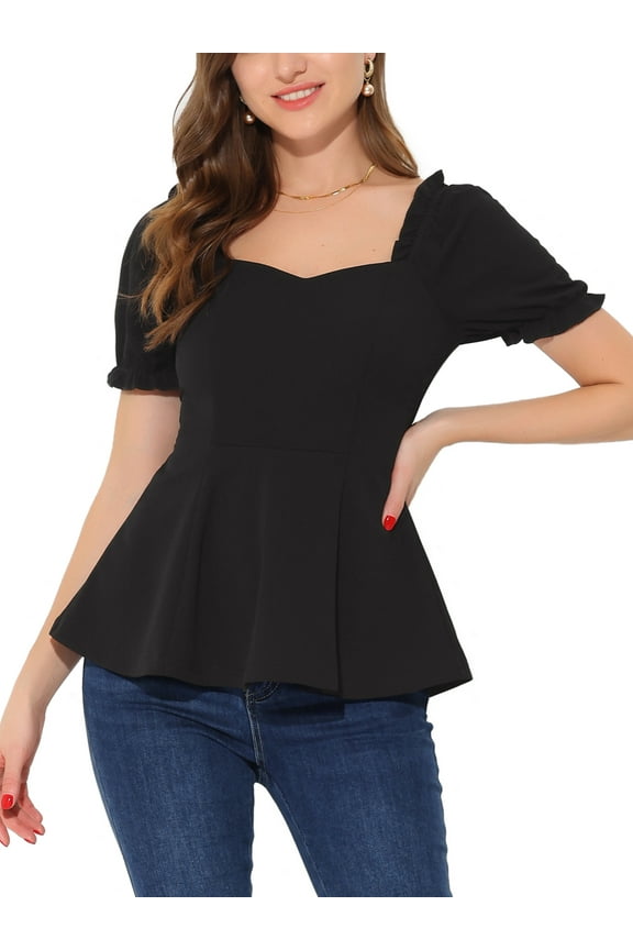Women's Ruffle Peplum Top Sweetheart Neck Puff Sleeve Elegant Blouse S Black