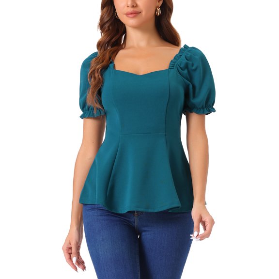 INSPIRE CHIC Women's Ruffle Peplum Top Sweetheart Neck Puff Sleeve Elegant Blouse S Blue Green