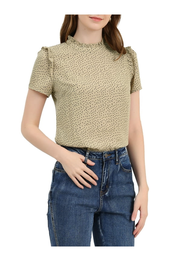 Women's Ruffle Polkd Dots Round Neck Casual Short Sleeve Blouse Tops S Dark Beige