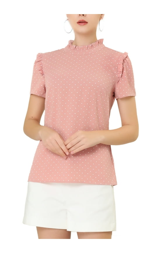Women's Ruffle Polkd Dots Round Neck Casual Short Sleeve Blouse Tops XL Pink