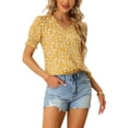 thumbnail image 1 of INSPIRE CHIC Women's Ruffle Puff Short Sleeve Floral Print Button Front Closure Tops Yellow S, 1 of 6