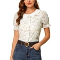 thumbnail image 1 of Allegra K Women's Ruffle Round Neck Floral  Embroidered Button-Down Shirt Top, 1 of 6