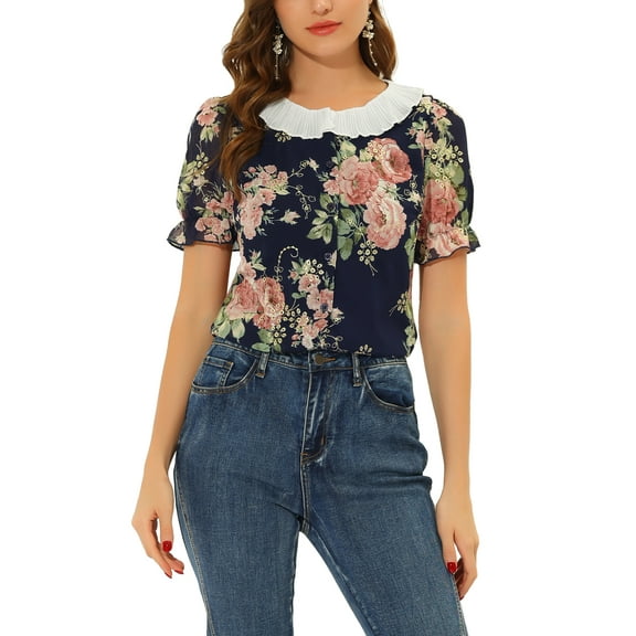 INSPIRE CHIC Women's Ruffle Round Neck Floral Embroidered Button-Down Shirt Top Dark Blue M