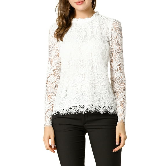 INSPIRE CHIC Women's Ruffle Round Neck Long Sleeves Mesh Lace Floral Blouse 3XL White