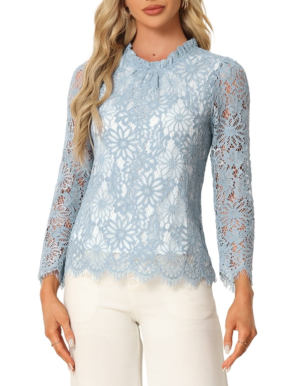 Women's Lace Top Long Sleeve Ruffled Neck Peplum Hem Floral Dressy Blouse L Blue