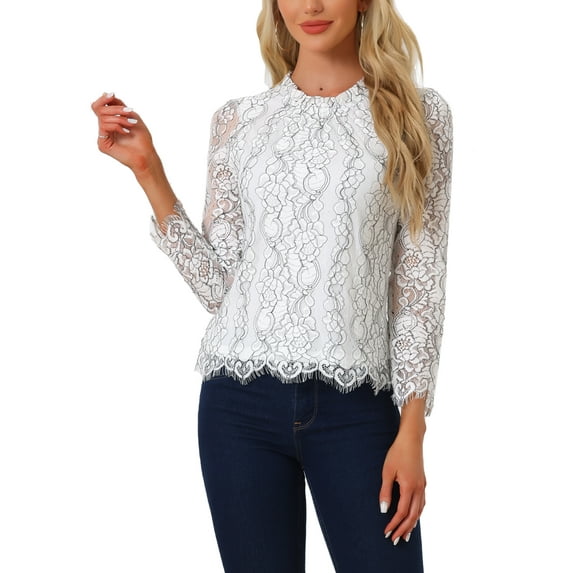 INSPIRE CHIC Women's Lace Top Long Sleeve Ruffled Neck Peplum Hem Floral Dressy Blouse M Black White
