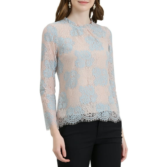 INSPIRE CHIC Women's Lace Top Long Sleeve Ruffled Neck Peplum Hem Floral Dressy Blouse S Blue-Pink