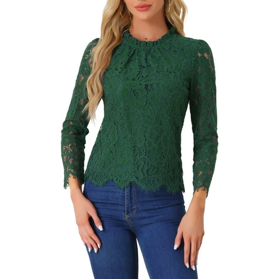 INSPIRE CHIC Women's Lace Top Long Sleeve Ruffled Neck Peplum Hem Floral Dressy Blouse S Dark Green
