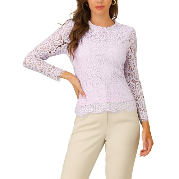INSPIRE CHIC Women's Lace Top Long Sleeve Ruffled Neck Peplum Hem Floral Dressy Blouse S Gray Pink