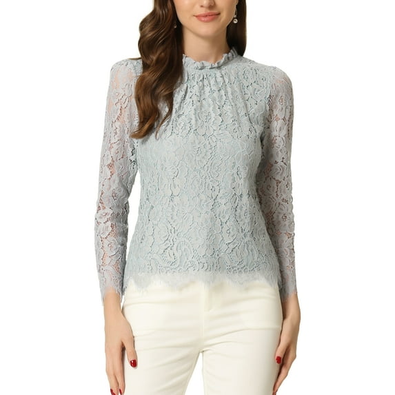 INSPIRE CHIC Women's Lace Top Long Sleeve Ruffled Neck Peplum Hem Floral Dressy Blouse S Gray