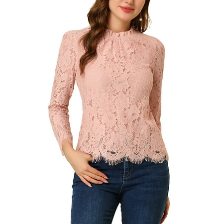 INSPIRE CHIC Style Women's Lace Top Long Sleeve Ruffled Neck Peplum Hem Floral Dressy Blouse S Pinks