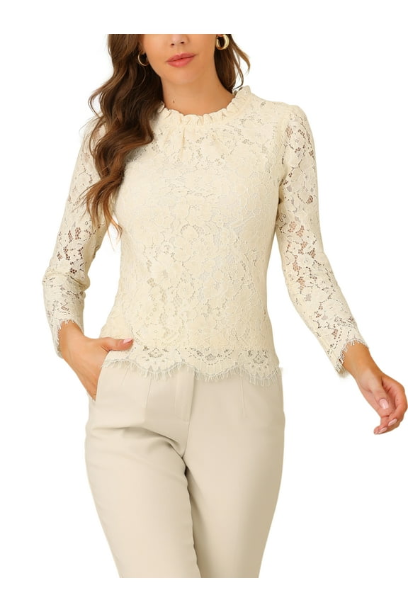 Women's Lace Top Long Sleeve Ruffled Neck Peplum Hem Floral Dressy Blouse XL Apricot