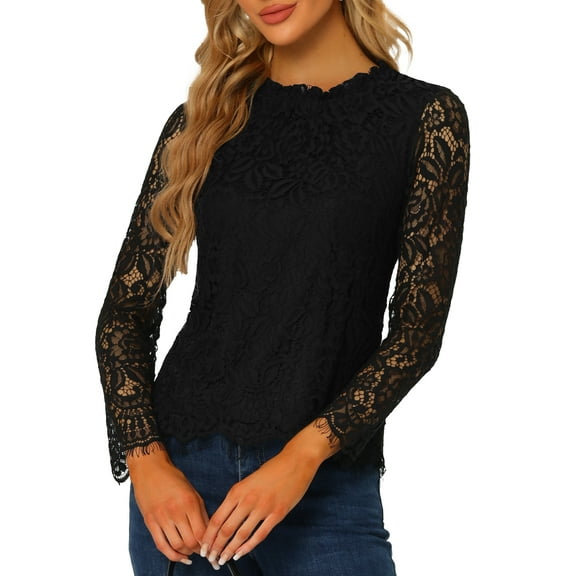 INSPIRE CHIC Women's Lace Top Long Sleeve Ruffled Neck Peplum Hem Floral Dressy Blouse XL Black