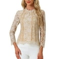 thumbnail image 1 of INSPIRE CHIC Women's Lace Top Long Sleeve Ruffled Neck Peplum Hem Floral Dressy Blouse XS Apricot White, 1 of 6