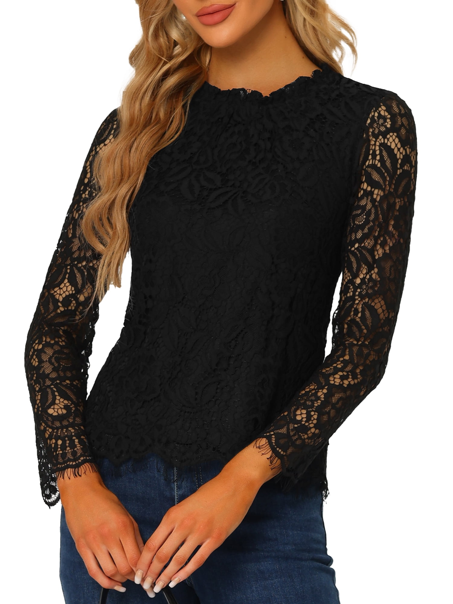 Sheer Mock Neck Floral Lace Long Sleeve Top – Fitted Elegant Blouse