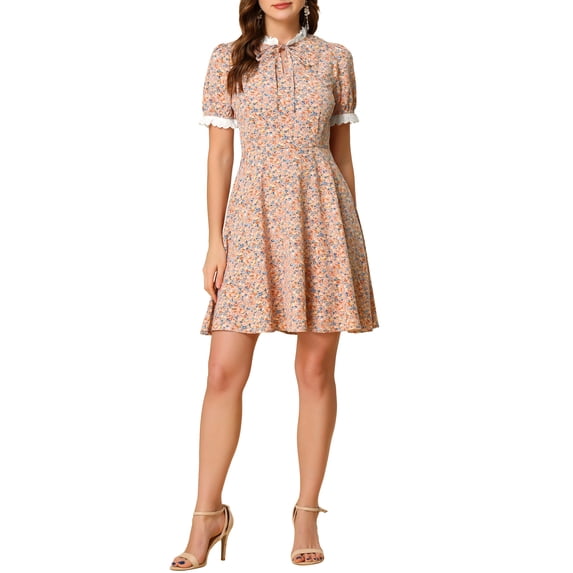 Allegra K Women's Ruffle Self-Tie Neck Short Sleeve Floral Summer Dress