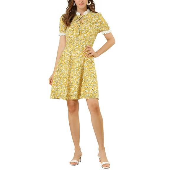 INSPIRE CHIC Women's Ruffle Self-Tie Neck Short Sleeve Floral Summer Dress Yellow M