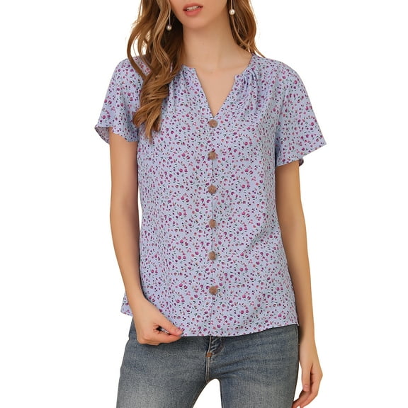 INSPIRE CHIC Women's Ruffle Short Sleeve Tops V Neck Button Ditsy Floral Blouse M Purple