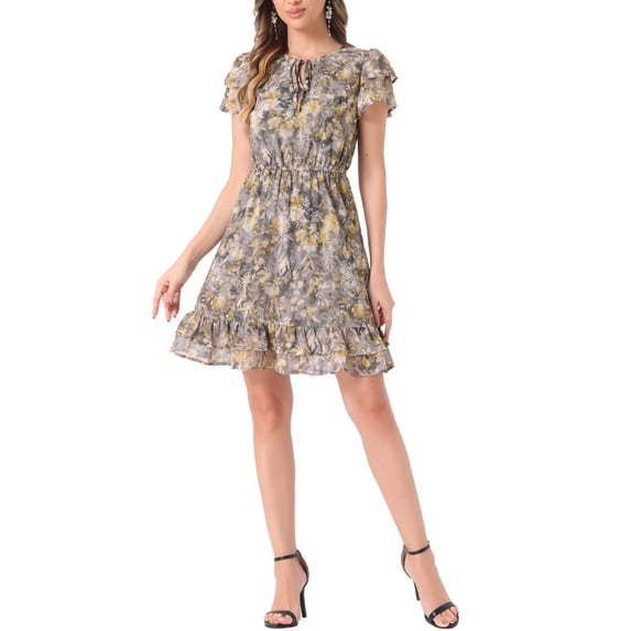 INSPIRE CHIC Women's Ruffle Sleeve Self-Tie V Neck Above Knee Ruffled A-Line Floral Chiffon Dress M Gray
