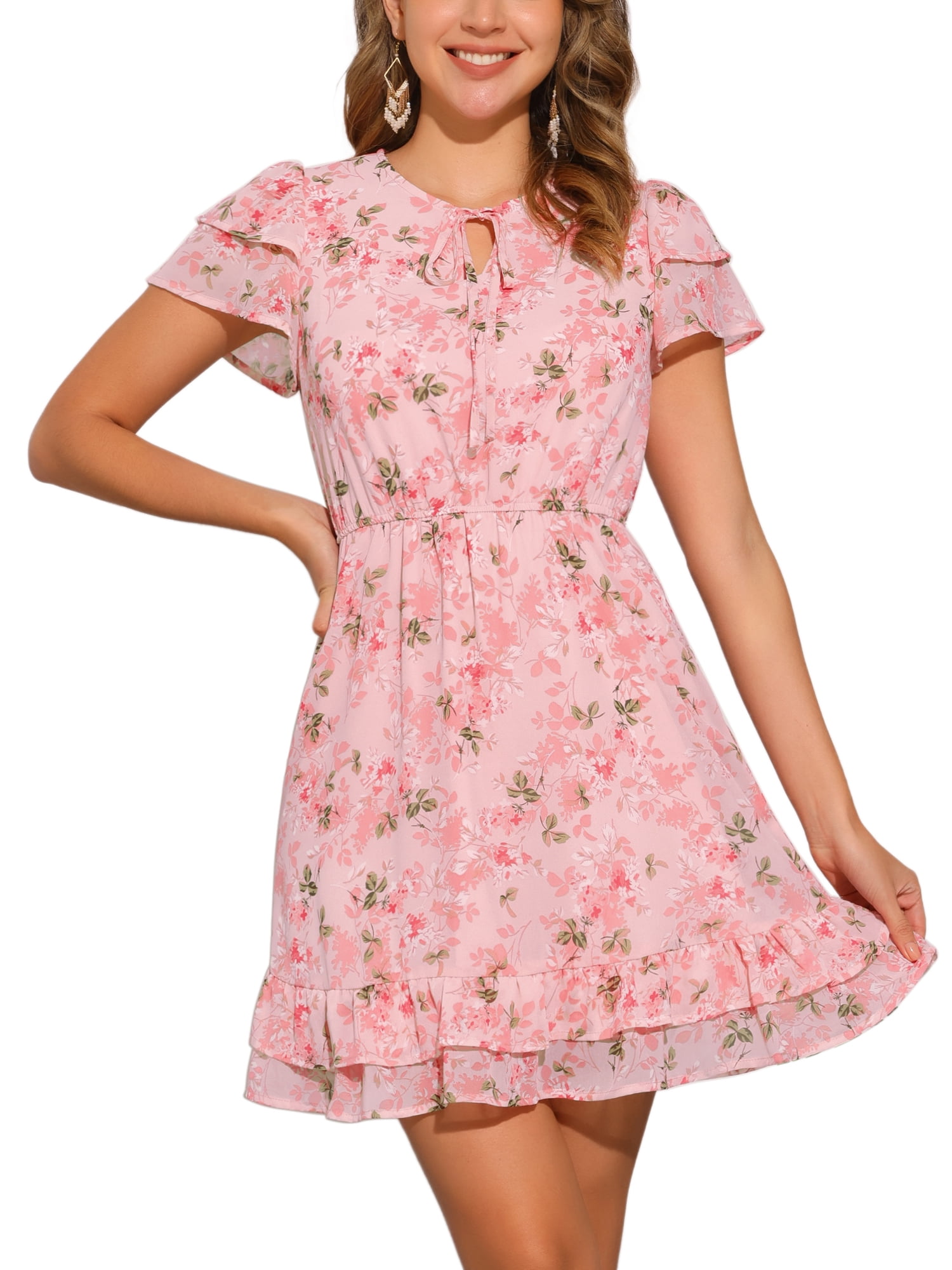 Allegra K Women's Floral Mini Dress - Ruffled Sleeve, Square Neck, Pleated Front Casual Dress - View #5