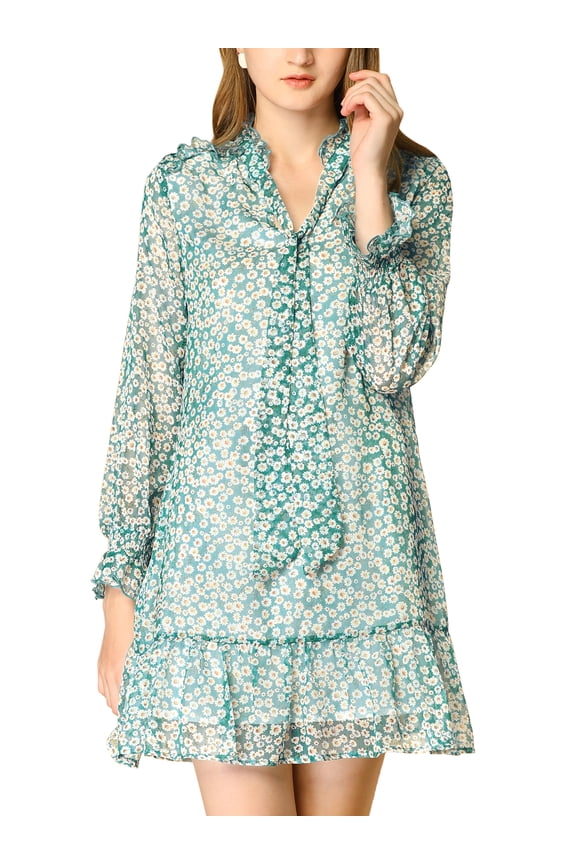 Women's Ruffle Tie Neck Casual Loose Shift Floral Dress S Green