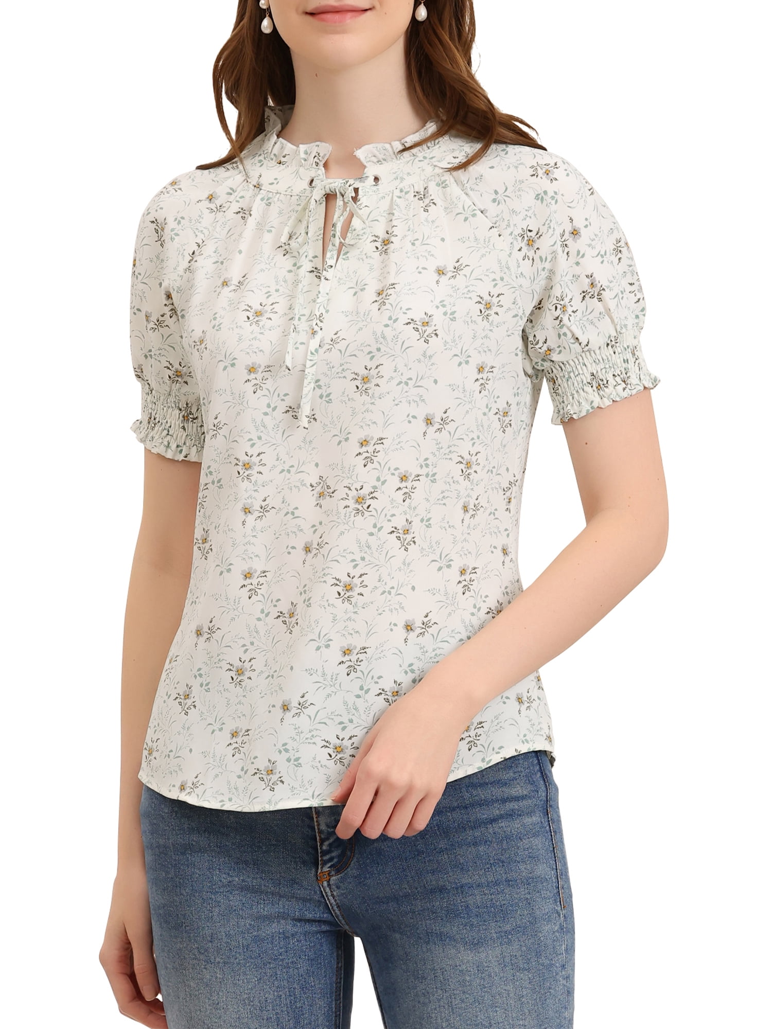 Neck Rufle GRACE & GRANDEUR Women's Ruffle Tie Neck Casual Short Sleeve Floral ...