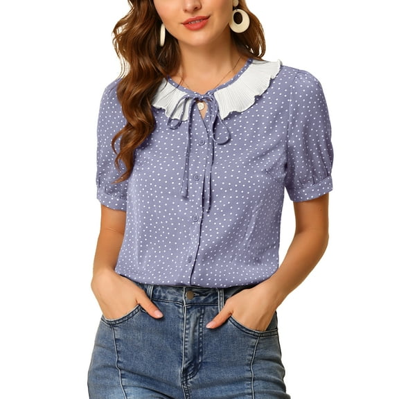 INSPIRE CHIC Women's Ruffle Tie V Neck Button Down Polka Dots Blouse Shirts Purple XS
