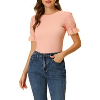 INSPIRE CHIC Women's Ruffle Tops Round Neck Blouse Puff Sleeve Smock Top M Light Pink