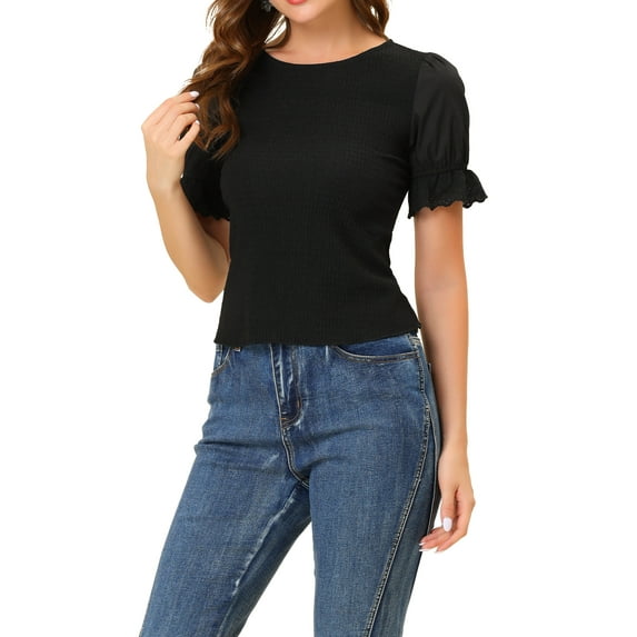 INSPIRE CHIC Women's Ruffle Tops Round Neck Blouse Puff Sleeve Smock Top XS Black