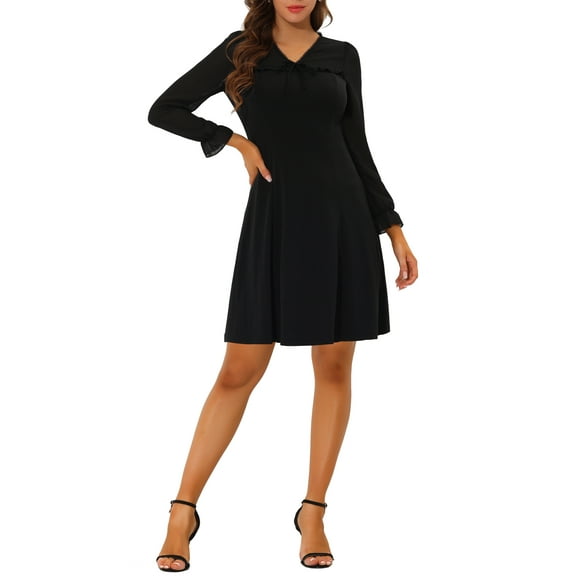 INSPIRE CHIC Women's Ruffle V Neck Mesh Sheer Panel Long Sleeve Chiffon Mini Dress Black M