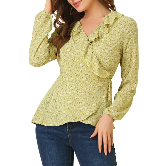 INSPIRE CHIC Women's Ruffle V-Neck Blouse Floral Self Tie Wrap Peplum Top S Yellow