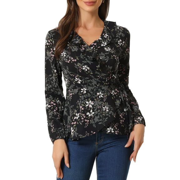 INSPIRE CHIC Women's Ruffle V-Neck Blouse Floral Self Tie Wrap Peplum Top XL Black-Floral