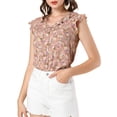 thumbnail image 1 of INSPIRE CHIC Women's Ruffle V Neck Flutter Sleeve Button Down Floral Shirt Dark Pink L, 1 of 6