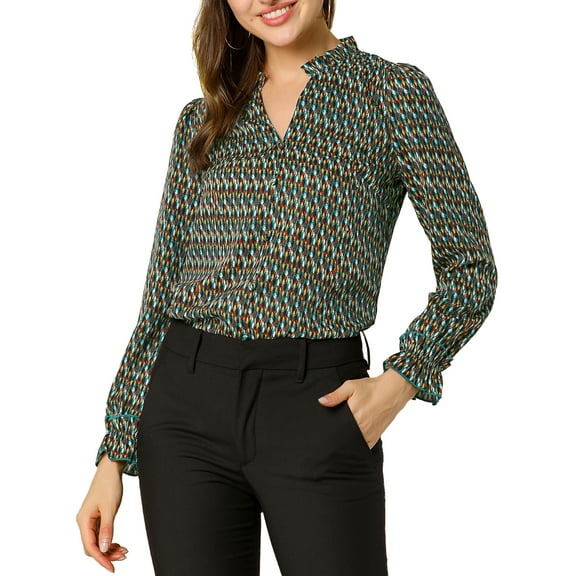INSPIRE CHIC Women's Ruffle V Neck Geometric Printed Puff Sleeve Top Green L