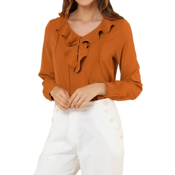 Allegra K Women's Ruffle V Neck Office Button Front Vintage Blouse