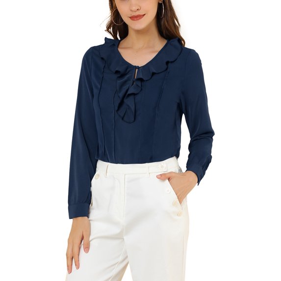 Allegra K Women's Ruffle V Neck Office Button Front Vintage Blouse